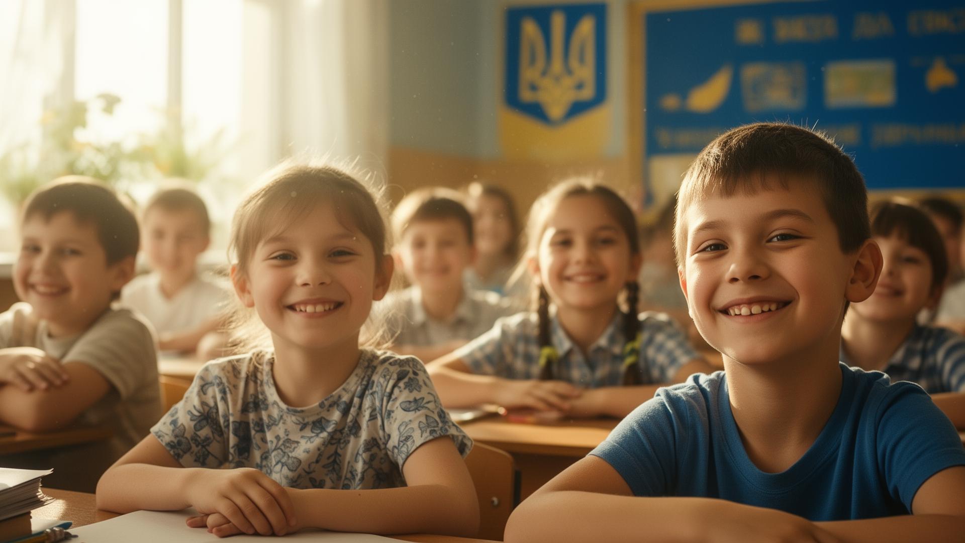 Ukrainian children smiling in a sunlit classroom